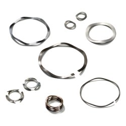 Spring washers including waved spring washers in stamped and coiled design, curved spring washers, multi-wave washers, wire spring washers and finger spring washers